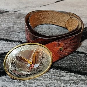 VINTAGE GERMAN SILVER BALD EAGLE TOOLED GENUINE LEATHER INTERCHANGEABLE BELT 38